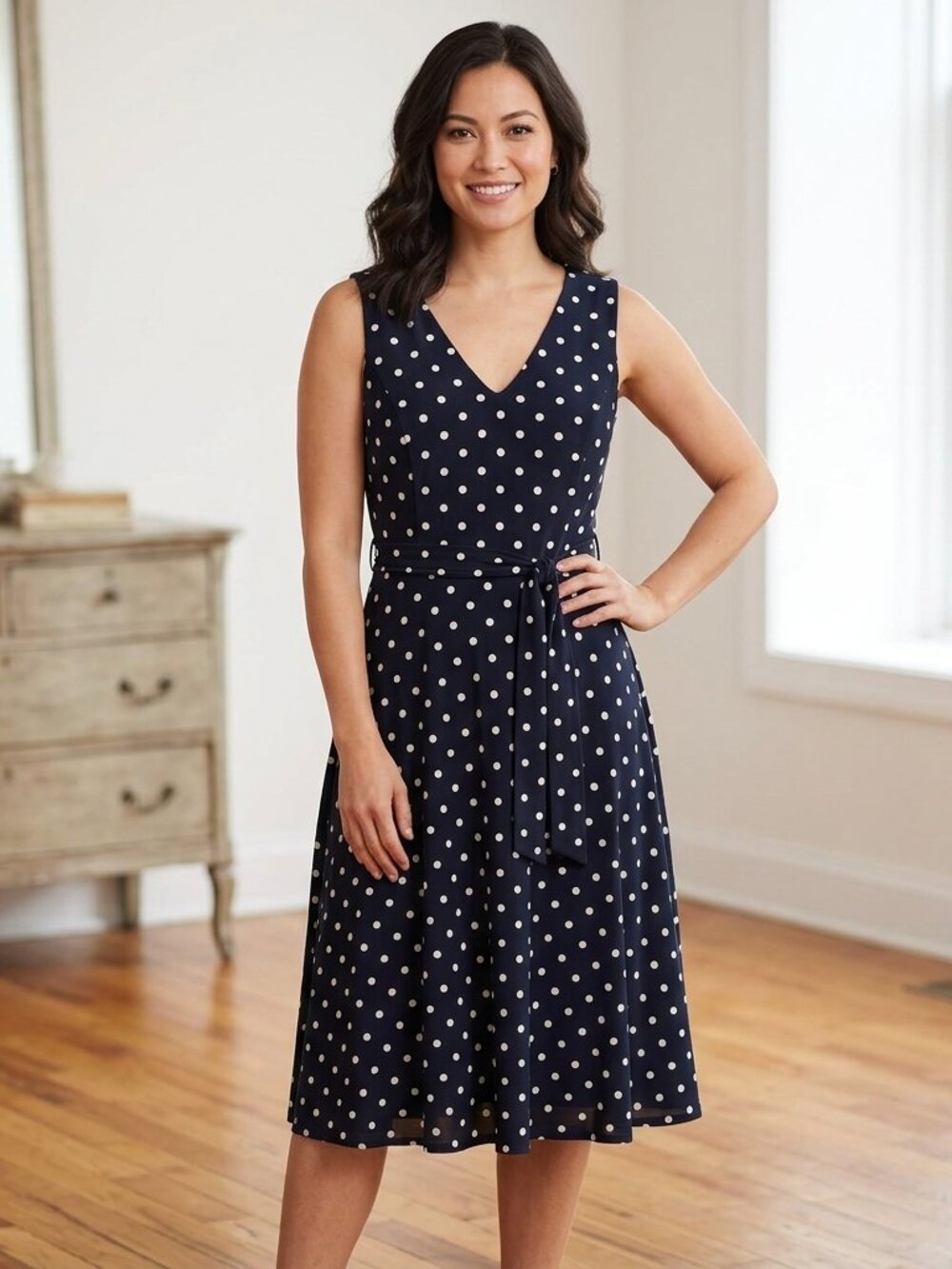 Tommy Hilfiger Women's Navy Polka Dot Sleeveless Fit & Flare Dress Size 10